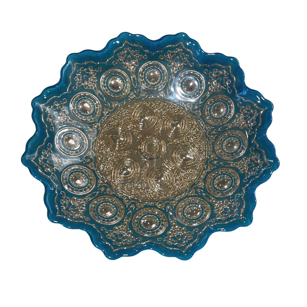 Unbranded Decorative Bowl Unisex 8 in Blue Boho Filigree Scalloped Glass‎ Silver